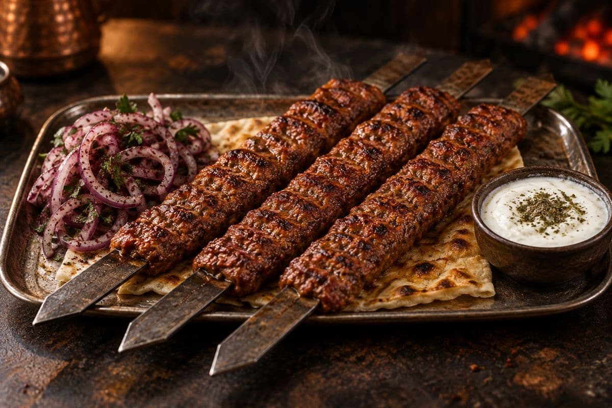 Drei Adana-Kebap-Hackspieße auf breiten Flachspießen über Fladenbrot, daneben Sumach-Zwiebeln und Minz-Joghurt