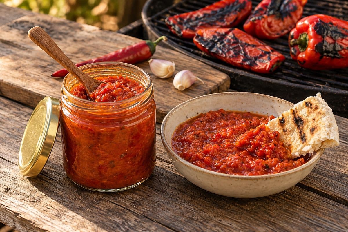 Selbstgemachter Ajvar im Glas und als Dip mit gegrilltem Fladenbrot, dahinter geröstete Paprika auf dem Grill
