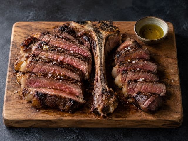 Aufgeschnittene Bistecca Fiorentina auf dem Holzbrett: Roastbeef und Filet in dicken Tranchen um den T-Knochen, mit Salzflocken und Olivenöl