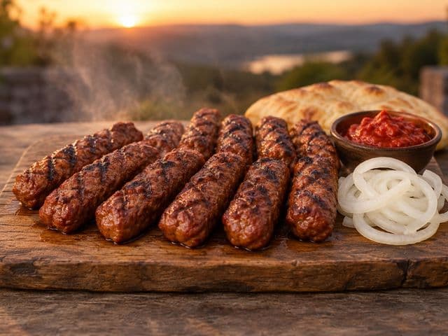 Gegrillte Cevapcici mit Rautenmuster auf einem Holzbrett, dazu rohe Zwiebelringe, Ajvar und Fladenbrot