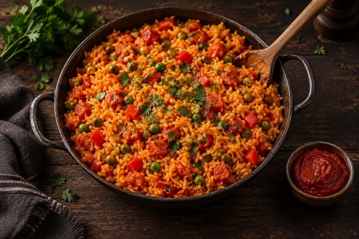 Djuvec-Reis in einer rustikalen Pfanne: orange-roter Reis mit lockeren Körnern, Paprika, Erbsen und Petersilie, daneben ein Schälchen Ajvar