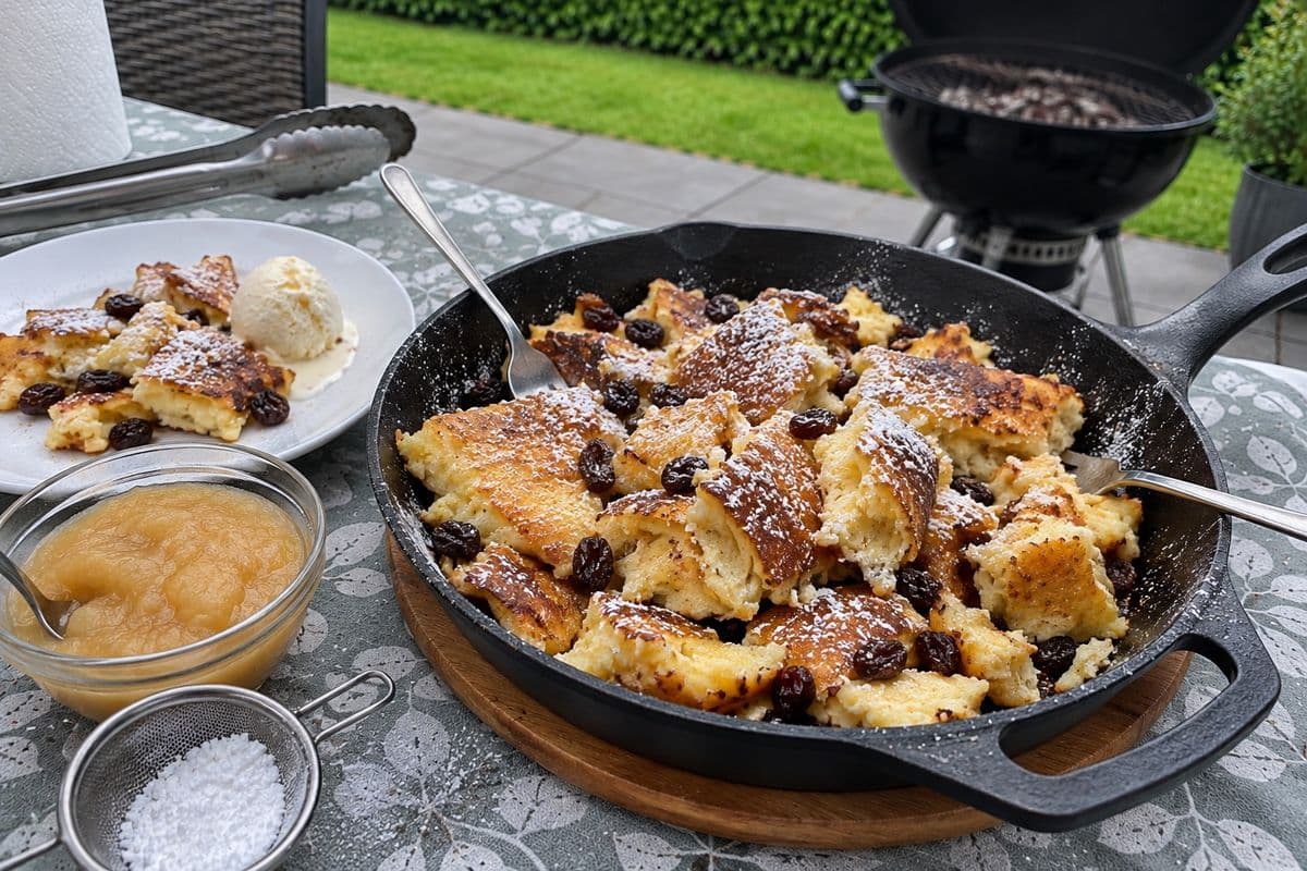 Zerrupfter Kaiserschmarrn mit Rum-Rosinen und Puderzucker in der Gusspfanne auf dem Gartentisch, daneben Apfelmus und ein Teller mit Vanilleeis