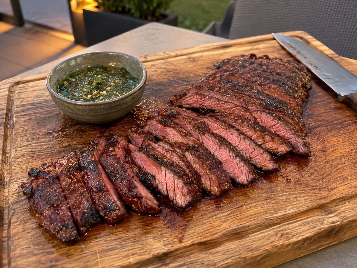 Gegrilltes Kronfleisch, quer zur Faser in Streifen geschnitten, mit Chimichurri auf dem Holzbrett