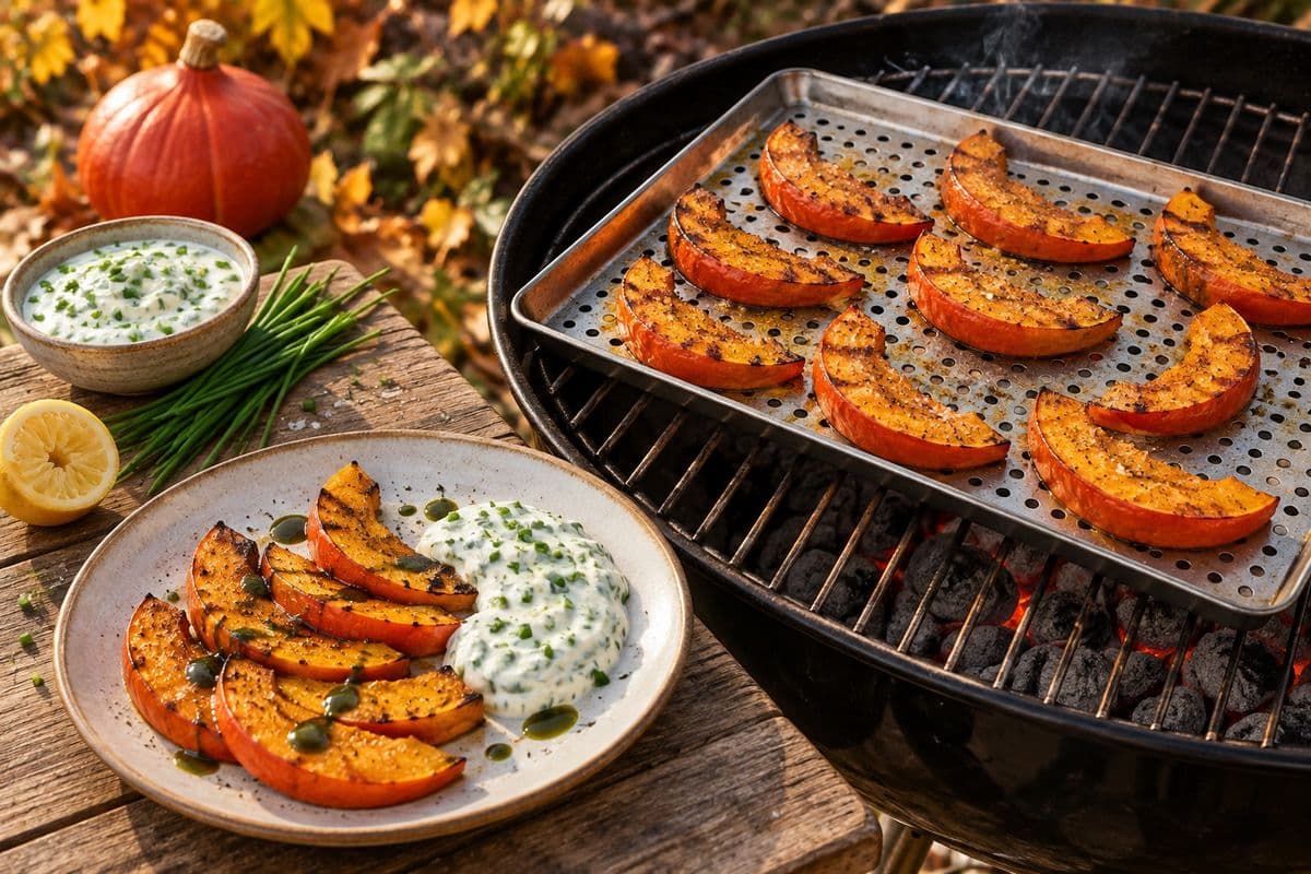 Gegrillte Hokkaido-Kürbisspalten mit Schale in der Grillschale, daneben ein Teller mit Schnittlauchcreme und Kürbiskernöl