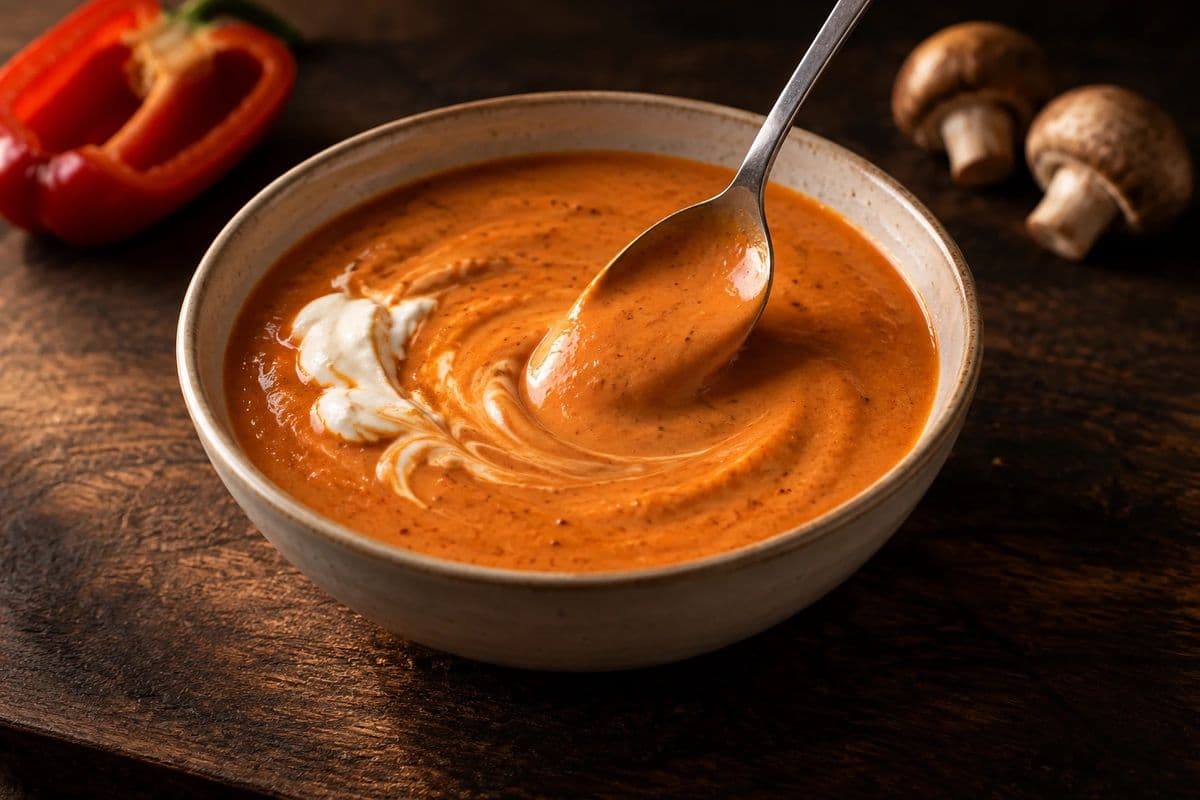 Cremige Metaxa-Sauce in warmem Orangerot in einer Keramikschale, mit Löffel und halb verrührtem Crème-fraîche-Klecks, im Hintergrund Paprika und Champignons