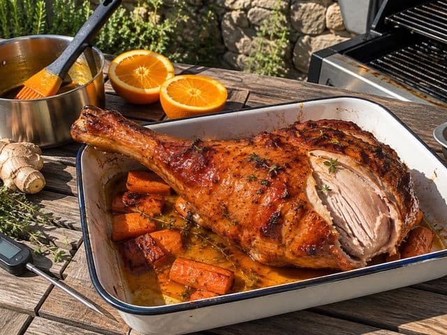 Gegrillte Putenunterkeule mit glänzender Orangen-Butter-Glasur in einer Emaille-Form, angeschnitten mit saftigem hellem Fleisch, daneben Orangen, Ingwer, Thymian und Bratenpinsel