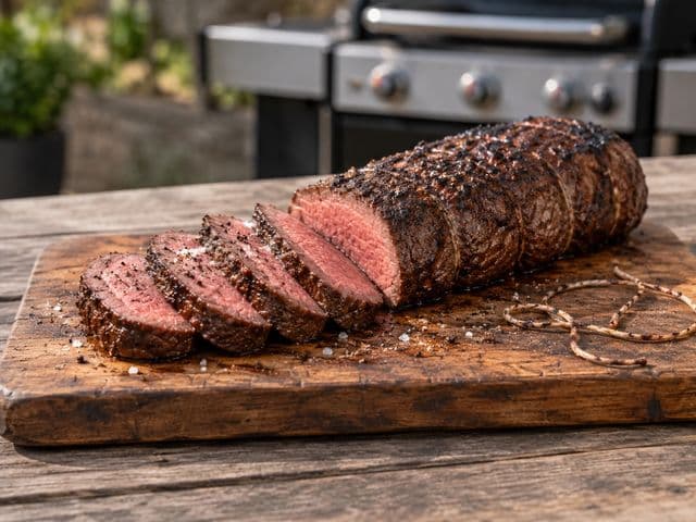 Gegrilltes Rinderfilet am Stück auf einem Holzbrett, zur Hälfte aufgeschnitten mit zart-rosa Kern, daneben abgeschnittenes Küchengarn