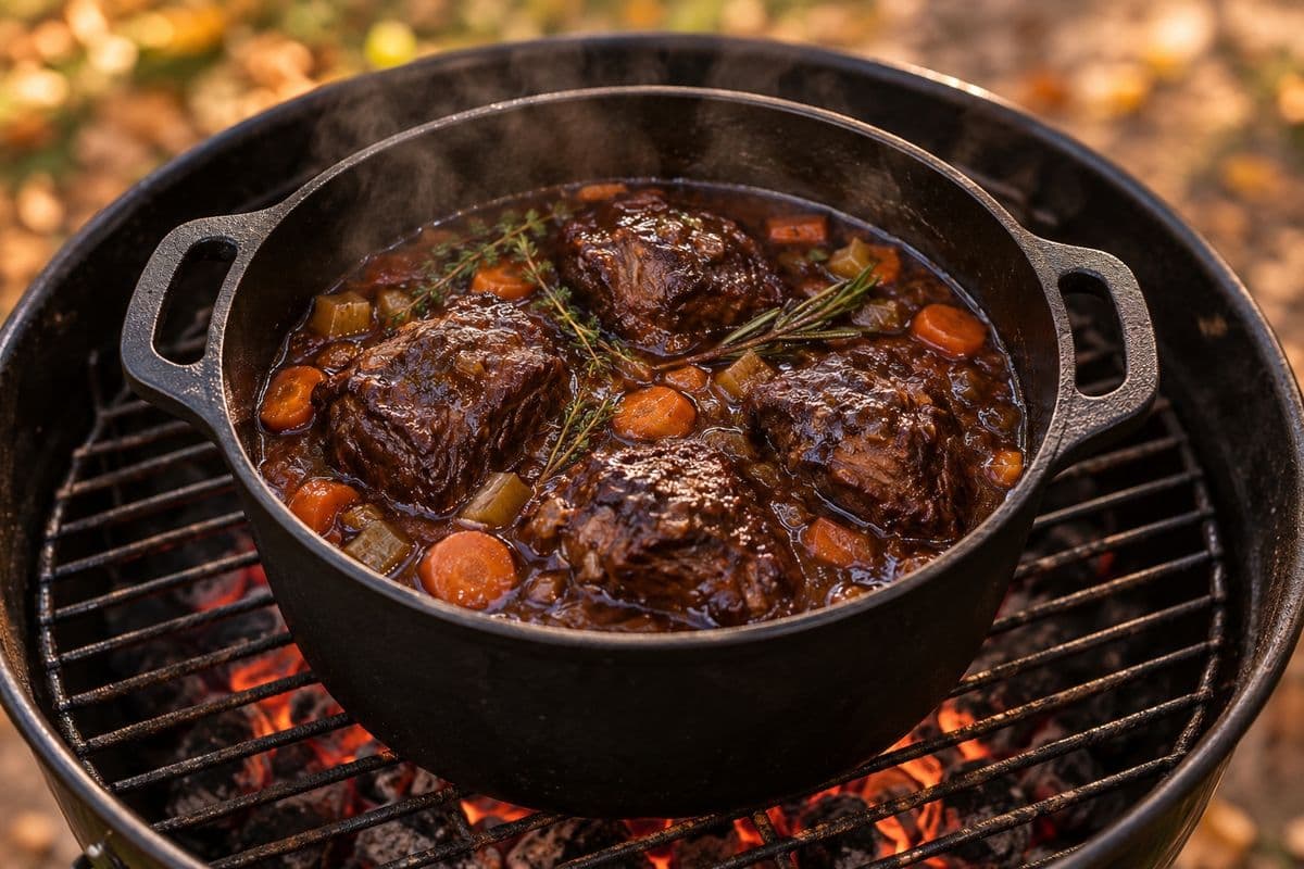 Geschmorte Schweinebäckchen in Rotweinsauce mit Karotten und Kräutern im Dutch Oven auf dem Grill