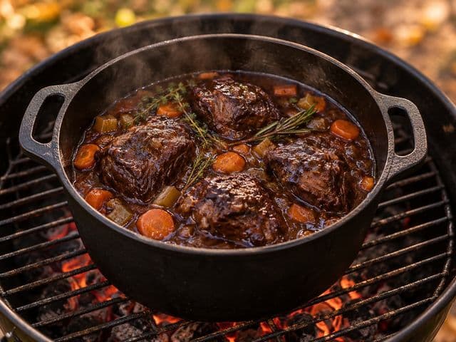 Geschmorte Schweinebäckchen in Rotweinsauce mit Karotten und Kräutern im Dutch Oven auf dem Grill