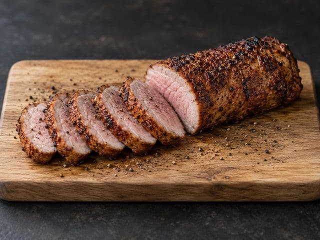 Gegrillte Schweinelende mit Gewürzkruste auf einem Holzbrett, halb in Medaillons geschnitten mit zart-rosa Kern