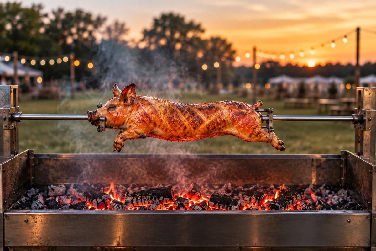 Spanferkel mit kreuzförmig eingeschnittener, goldbrauner Schwarte am Drehspieß über glühender Holzkohle, im Hintergrund eine Festwiese am Abend