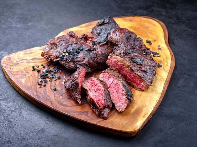Traditional barbecue wagyu spider beef steak with black salt and