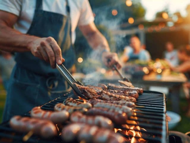 Man in an apron grilling meat on the grill at home, outdoor barbecue party with family and friends