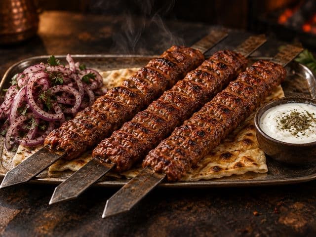 Drei Adana-Kebap-Hackspieße auf breiten Flachspießen über Fladenbrot, daneben Sumach-Zwiebeln und Minz-Joghurt