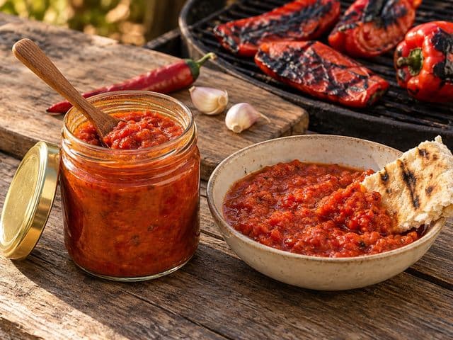 Selbstgemachter Ajvar im Glas und als Dip mit gegrilltem Fladenbrot, dahinter geröstete Paprika auf dem Grill