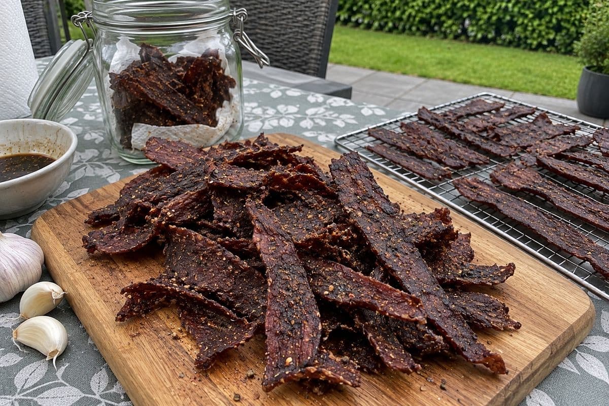 Selbstgemachtes Beef Jerky aus Rinderrouladen auf einem Holzbrett, daneben Streifen auf dem Gitterrost, ein Bügelglas mit Küchenpapier und Marinade