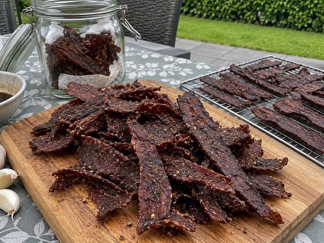 Selbstgemachtes Beef Jerky aus Rinderrouladen auf einem Holzbrett, daneben Streifen auf dem Gitterrost, ein Bügelglas mit Küchenpapier und Marinade