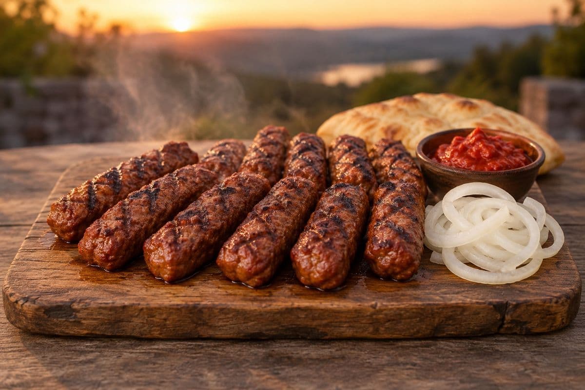 Gegrillte Cevapcici mit Rautenmuster auf einem Holzbrett, dazu rohe Zwiebelringe, Ajvar und Fladenbrot