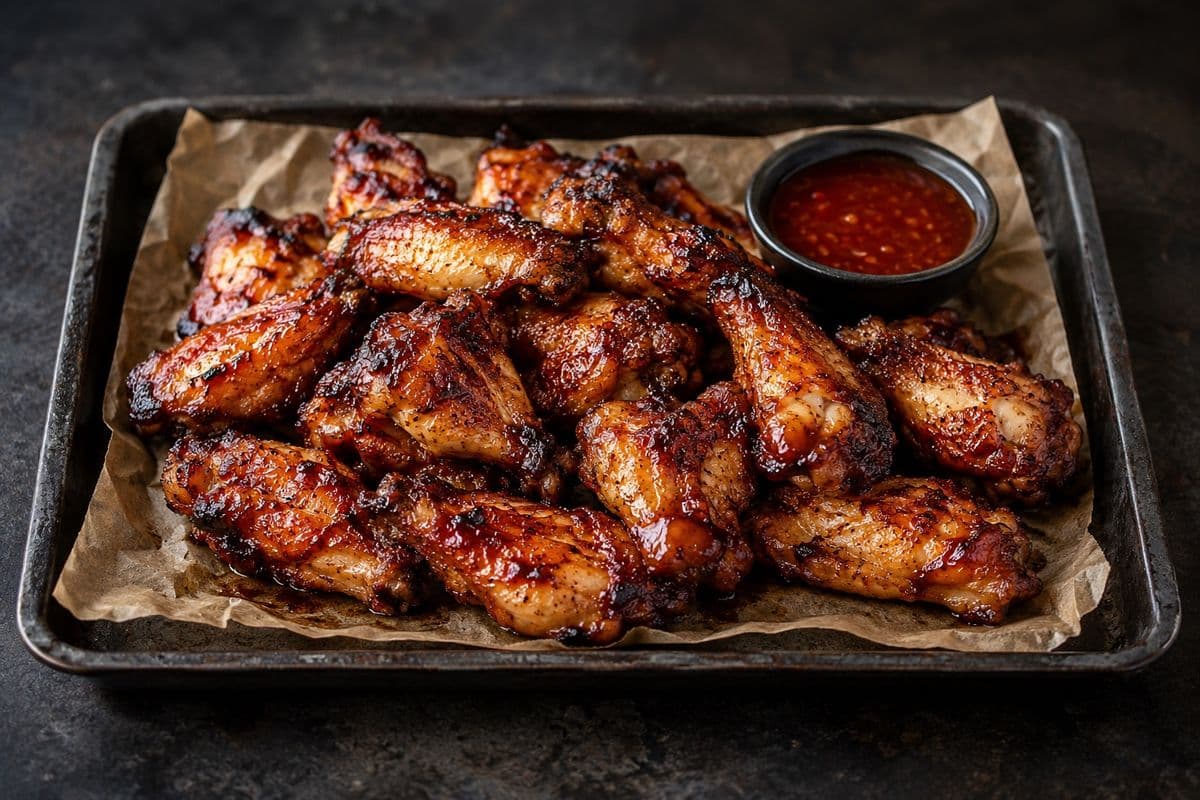 Gegrillte Chicken Wings mit glänzender Honig-Marinade auf einem Blech mit Backpapier, daneben ein Schälchen Honig-Chili-Dip