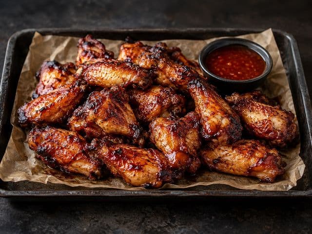 Gegrillte Chicken Wings mit glänzender Honig-Marinade auf einem Blech mit Backpapier, daneben ein Schälchen Honig-Chili-Dip