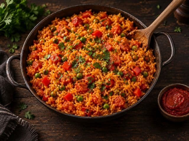Djuvec-Reis in einer rustikalen Pfanne: orange-roter Reis mit lockeren Körnern, Paprika, Erbsen und Petersilie, daneben ein Schälchen Ajvar