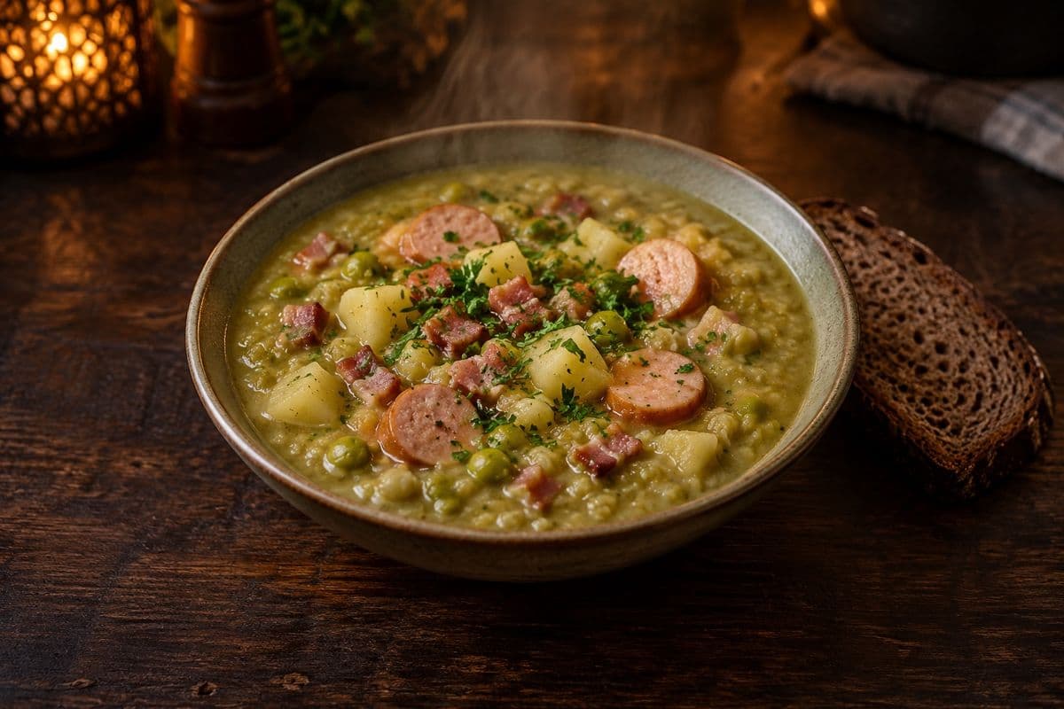 Sämige Erbsensuppe mit Kartoffeln, Speckwürfeln, Würstchenscheiben und Petersilie, daneben dunkles Brot