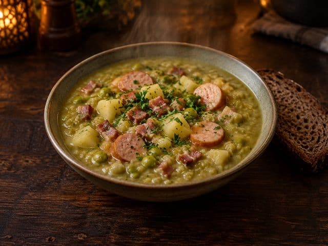 Sämige Erbsensuppe mit Kartoffeln, Speckwürfeln, Würstchenscheiben und Petersilie, daneben dunkles Brot