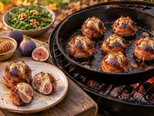 Mit Feta gefüllte Feigen im Speckmantel in der Gusspfanne auf dem Grill, daneben Honig, frische Feigen und Rucola-Salat