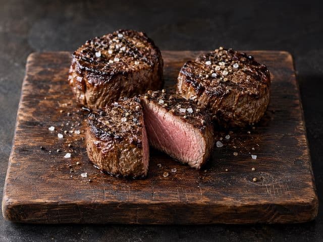 Drei gegrillte Filet-Mignon-Medaillons mit Grillmarken auf dunklem Holzbrett, das vordere angeschnitten mit rosa Kern, Salzflocken und grobem Pfeffer