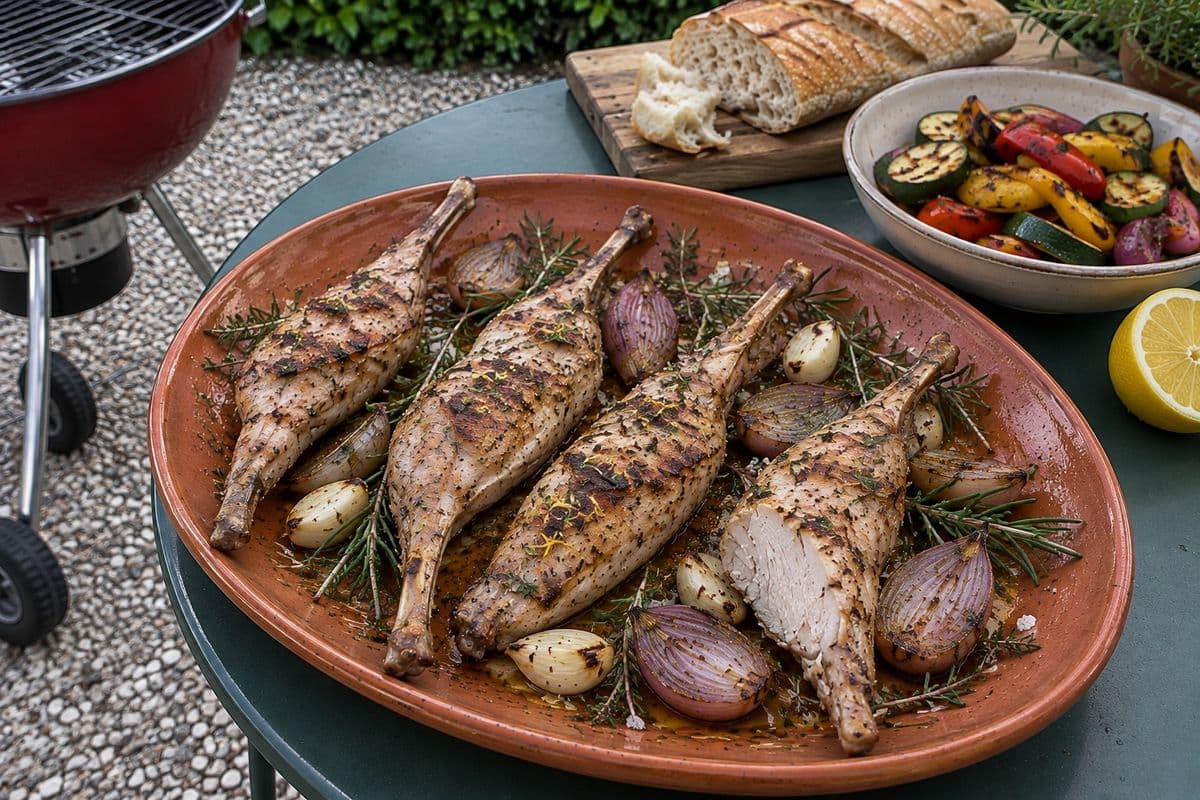 Vier gegrillte Kaninchenkeulen mit Thymian, Rosmarin, Schalotten und Knoblauch auf einer Terrakottaplatte, eine angeschnitten, daneben Grillgemüse und Baguette