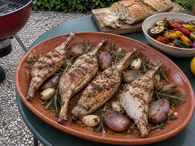Vier gegrillte Kaninchenkeulen mit Thymian, Rosmarin, Schalotten und Knoblauch auf einer Terrakottaplatte, eine angeschnitten, daneben Grillgemüse und Baguette