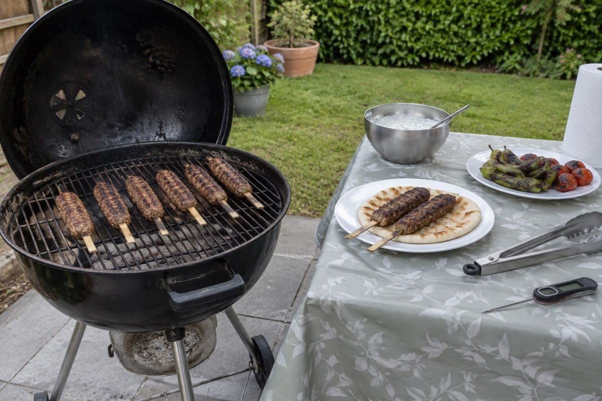 Köfte-Spieße auf dem Kugelgrill im Garten, daneben Fladenbrot mit Köfte, Joghurtsauce und Grillgemüse auf dem Gartentisch