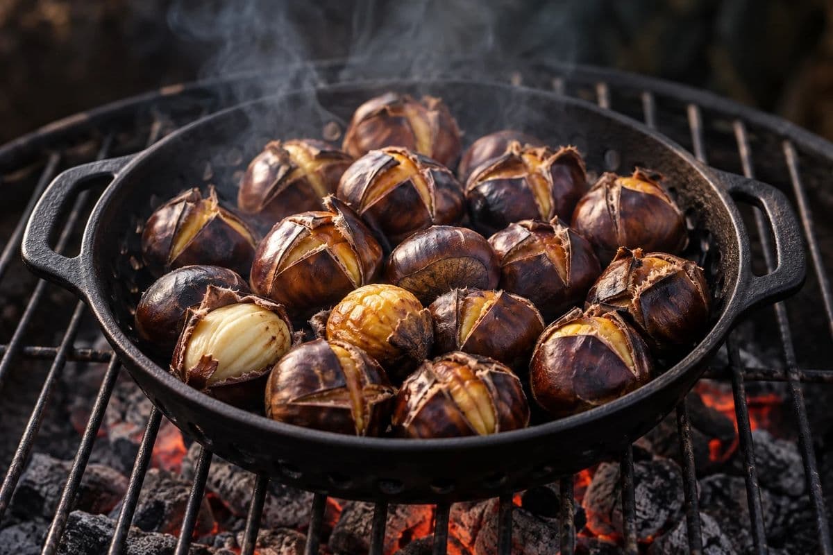 Gegrillte Maronen in einer Gusseisen-Grillschale auf dem Rost, die kreuzförmig eingeschnittenen Schalen haben sich aufgerollt, einzelne Maronen halb geschält
