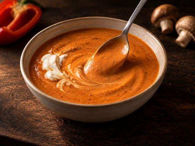 Cremige Metaxa-Sauce in warmem Orangerot in einer Keramikschale, mit Löffel und halb verrührtem Crème-fraîche-Klecks, im Hintergrund Paprika und Champignons