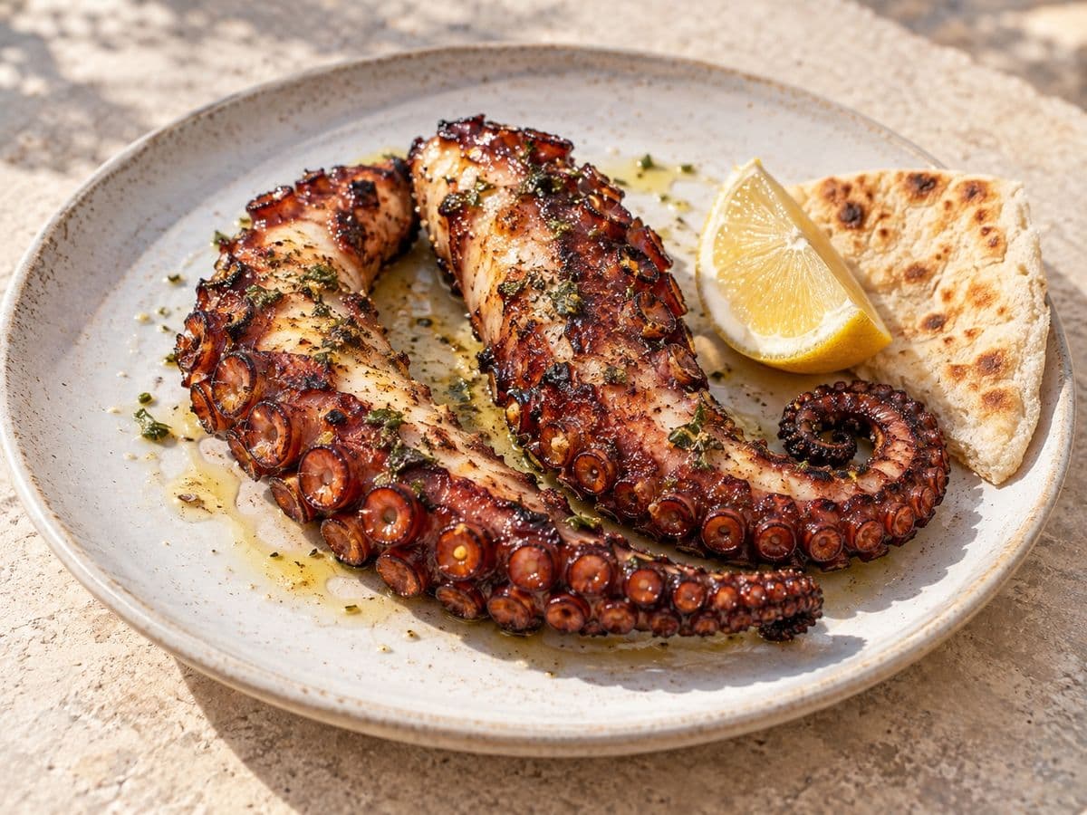 Zwei gegrillte Oktopus-Arme mit Röstaromen und Estragon-Marinade auf hellem Teller, dazu Zitrone und Fladenbrot