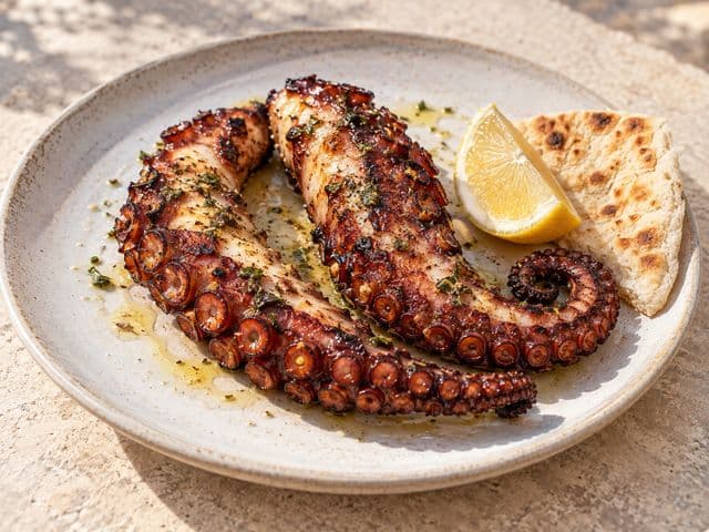 Zwei gegrillte Oktopus-Arme mit Röstaromen und Estragon-Marinade auf hellem Teller, dazu Zitrone und Fladenbrot