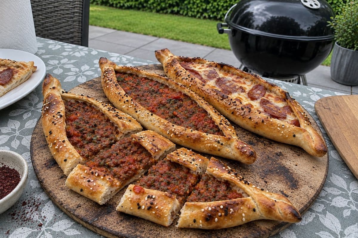 Drei türkische Pide-Schiffchen auf dem Pizzastein, zwei mit Hackfleisch-Füllung, eins mit Sucuk und Käse, mit Sesam und Schwarzkümmel, im Hintergrund der Kugelgrill