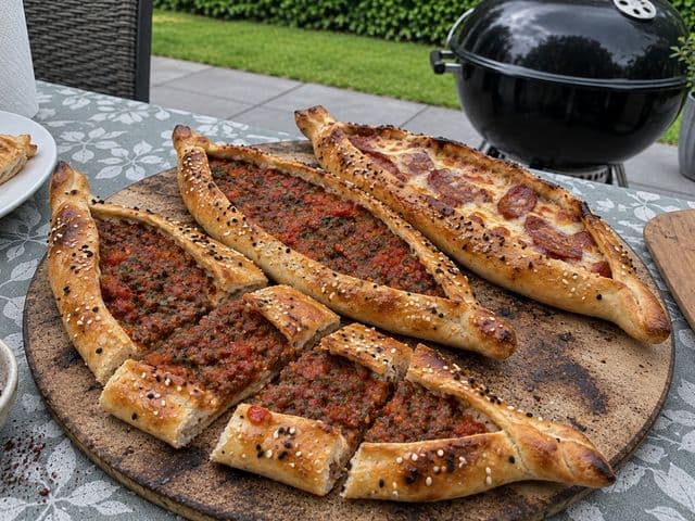 Drei türkische Pide-Schiffchen auf dem Pizzastein, zwei mit Hackfleisch-Füllung, eins mit Sucuk und Käse, mit Sesam und Schwarzkümmel, im Hintergrund der Kugelgrill