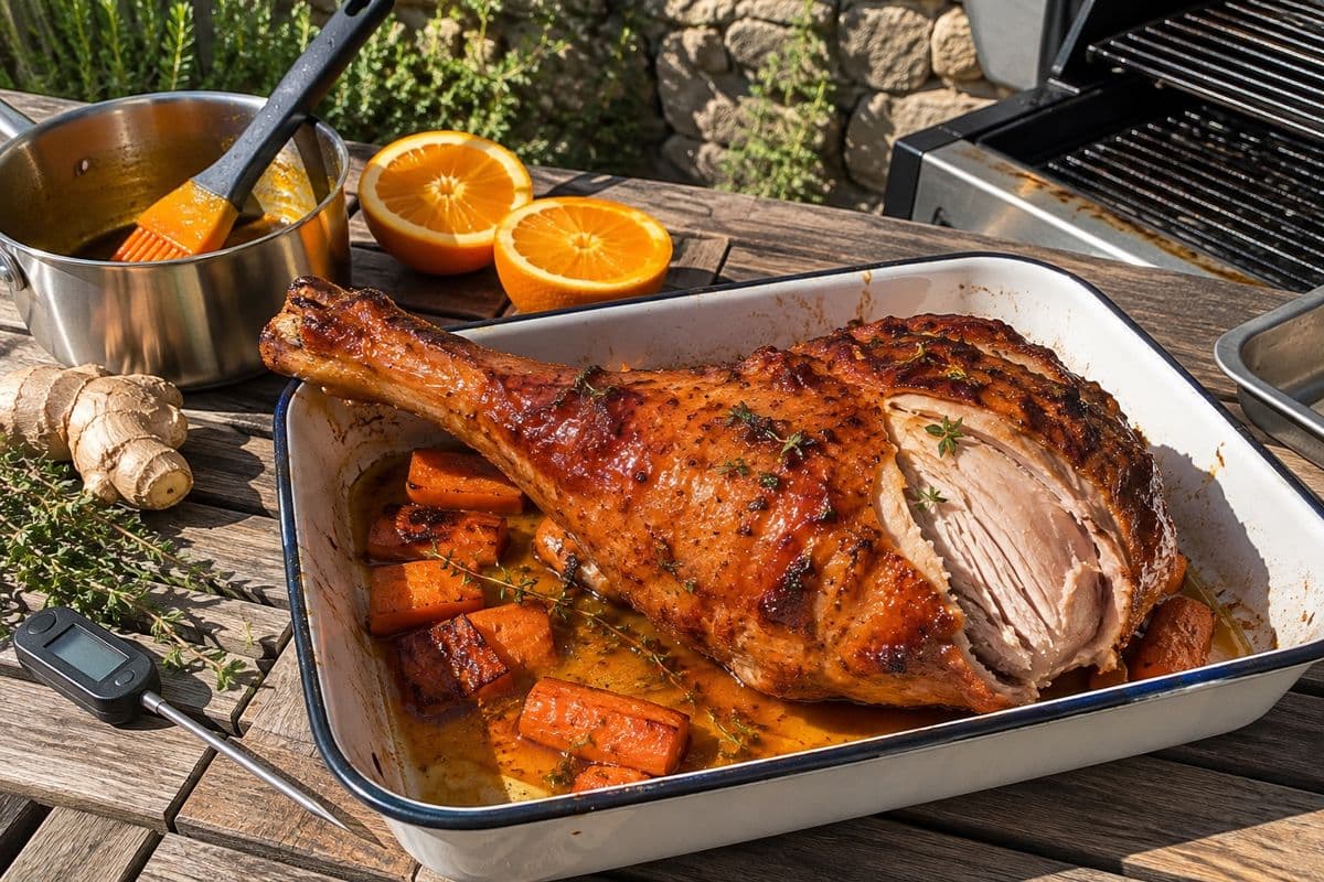 Gegrillte Putenunterkeule mit glänzender Orangen-Butter-Glasur in einer Emaille-Form, angeschnitten mit saftigem hellem Fleisch, daneben Orangen, Ingwer, Thymian und Bratenpinsel