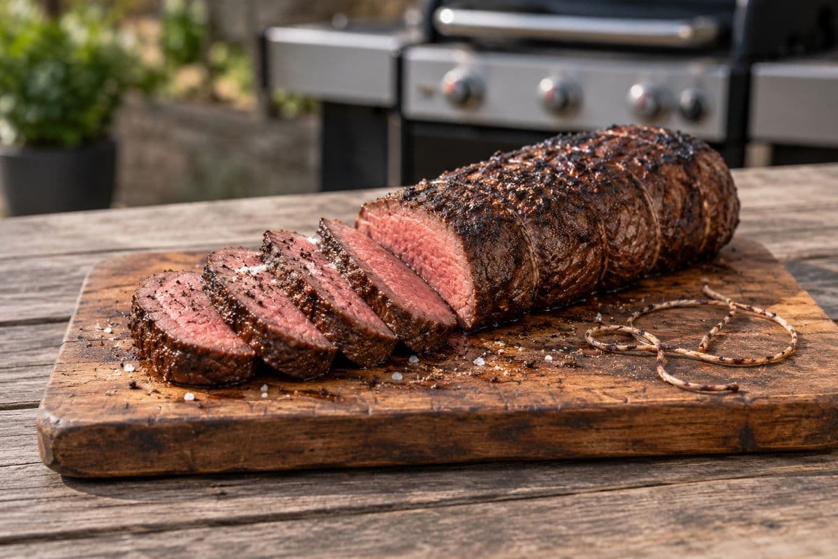 Gegrilltes Rinderfilet am Stück auf einem Holzbrett, zur Hälfte aufgeschnitten mit zart-rosa Kern, daneben abgeschnittenes Küchengarn