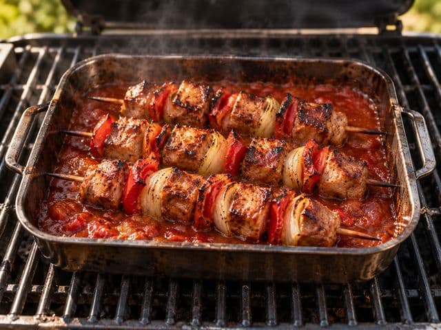 Schaschlikspieße mit Fleisch, Zwiebel und Paprika schmoren in tiefroter Schaschliksauce in einer Edelstahlschale auf dem Grill