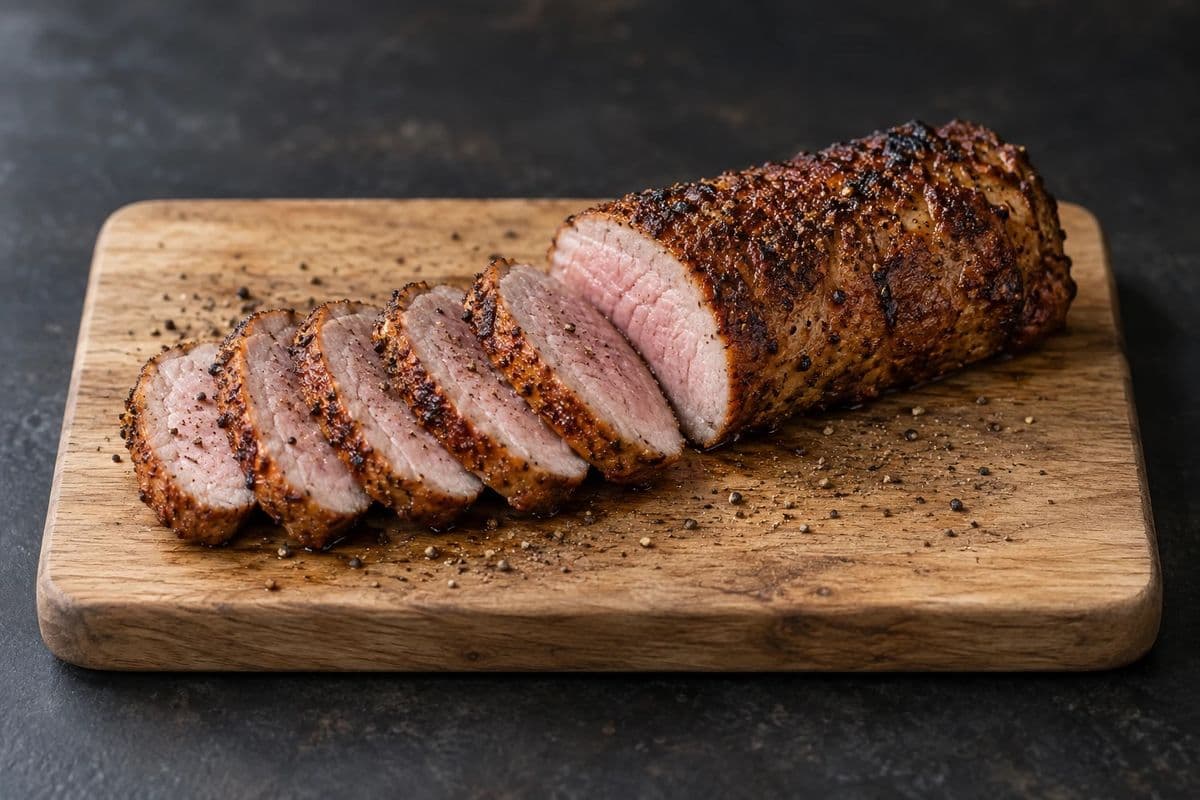 Gegrillte Schweinelende mit Gewürzkruste auf einem Holzbrett, halb in Medaillons geschnitten mit zart-rosa Kern