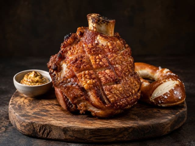 Gegrillte Schweinshaxe mit karoförmig eingeschnittener, knusprig aufgepoppter Schwarte auf einem Holzbrett, daneben grober Senf und eine Brezel