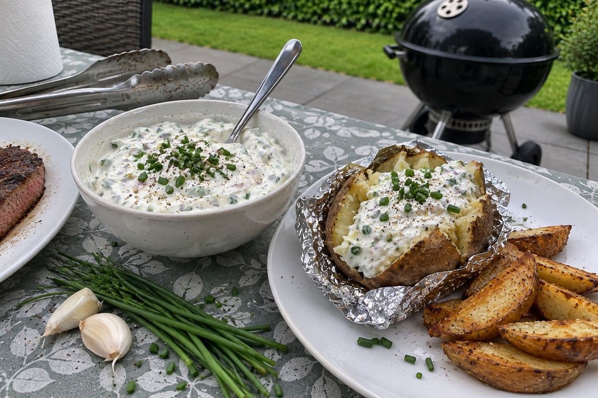 Selbstgemachte Sour Cream mit Schnittlauch in einer Schüssel, daneben eine Folienkartoffel mit Sour Cream, Kartoffel-Wedges und Steak auf dem Gartentisch