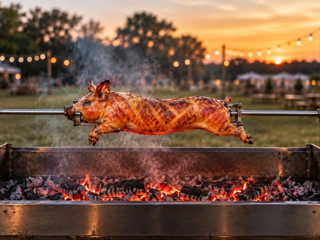 Spanferkel mit kreuzförmig eingeschnittener, goldbrauner Schwarte am Drehspieß über glühender Holzkohle, im Hintergrund eine Festwiese am Abend