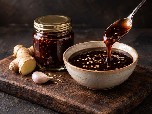 Selbst gemachte Teriyaki-Sauce: glänzender Saucenfaden fließt vom Löffel in eine Keramikschale mit Sesam, daneben Schraubglas, Ingwer und Knoblauch