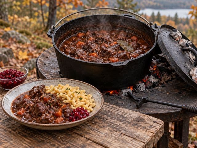 Wildgulasch im Dutch Oven über Briketts, daneben ein Teller mit Spätzle und Preiselbeeren