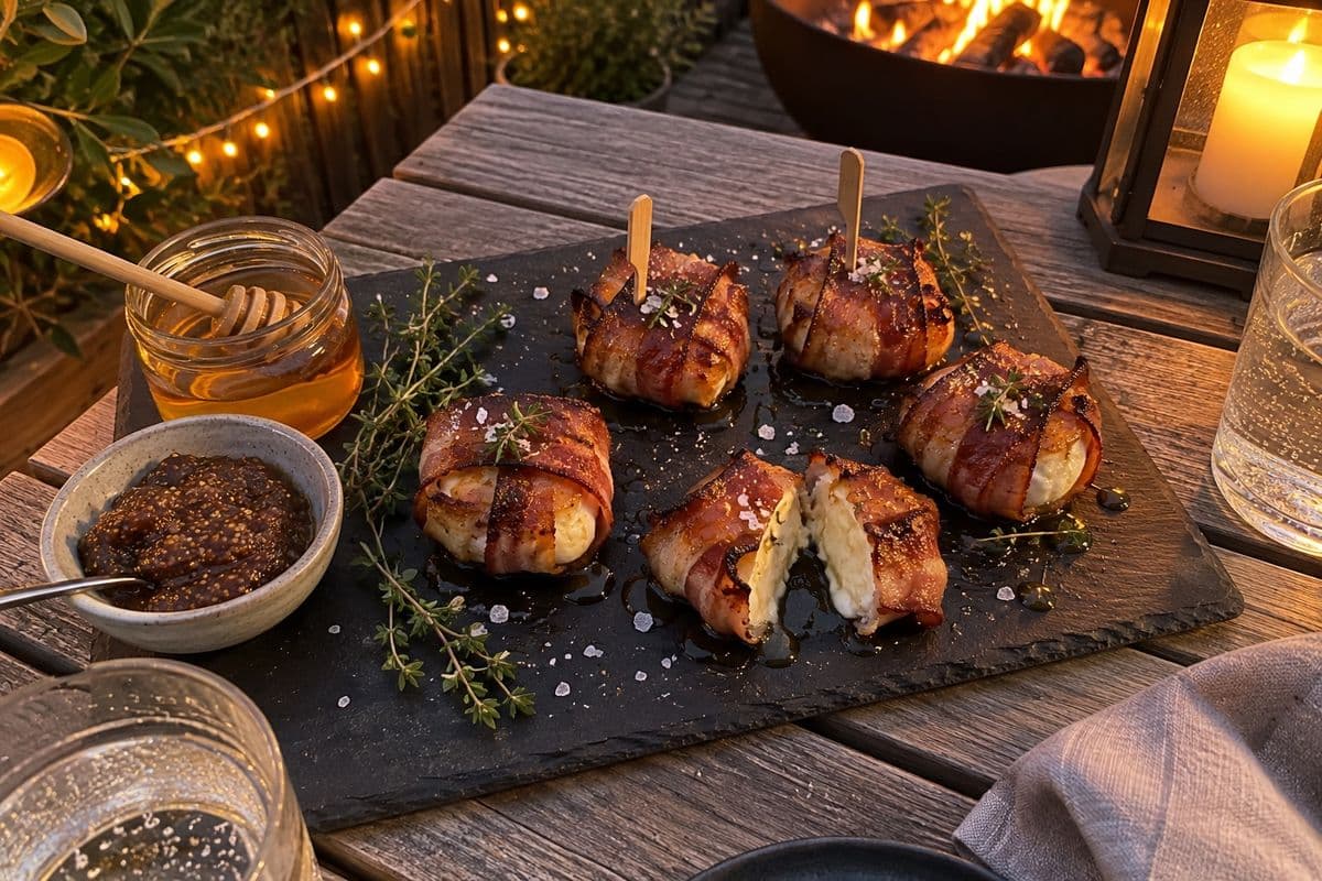 Ziegenkäse im Speckmantel mit Honig, Thymian und Salzflocken auf einer Schieferplatte, ein Päckchen aufgeschnitten, abends auf der Terrasse mit Feuerschale